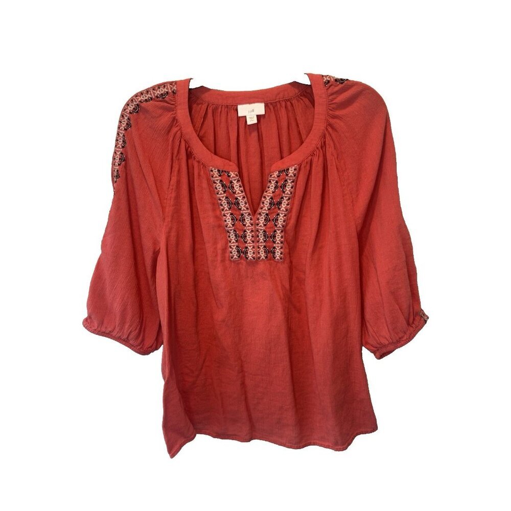 J Jill Womens 3/4 Sleeve Emroidered Top Petite L Boho Peasant Fairy Resortwear